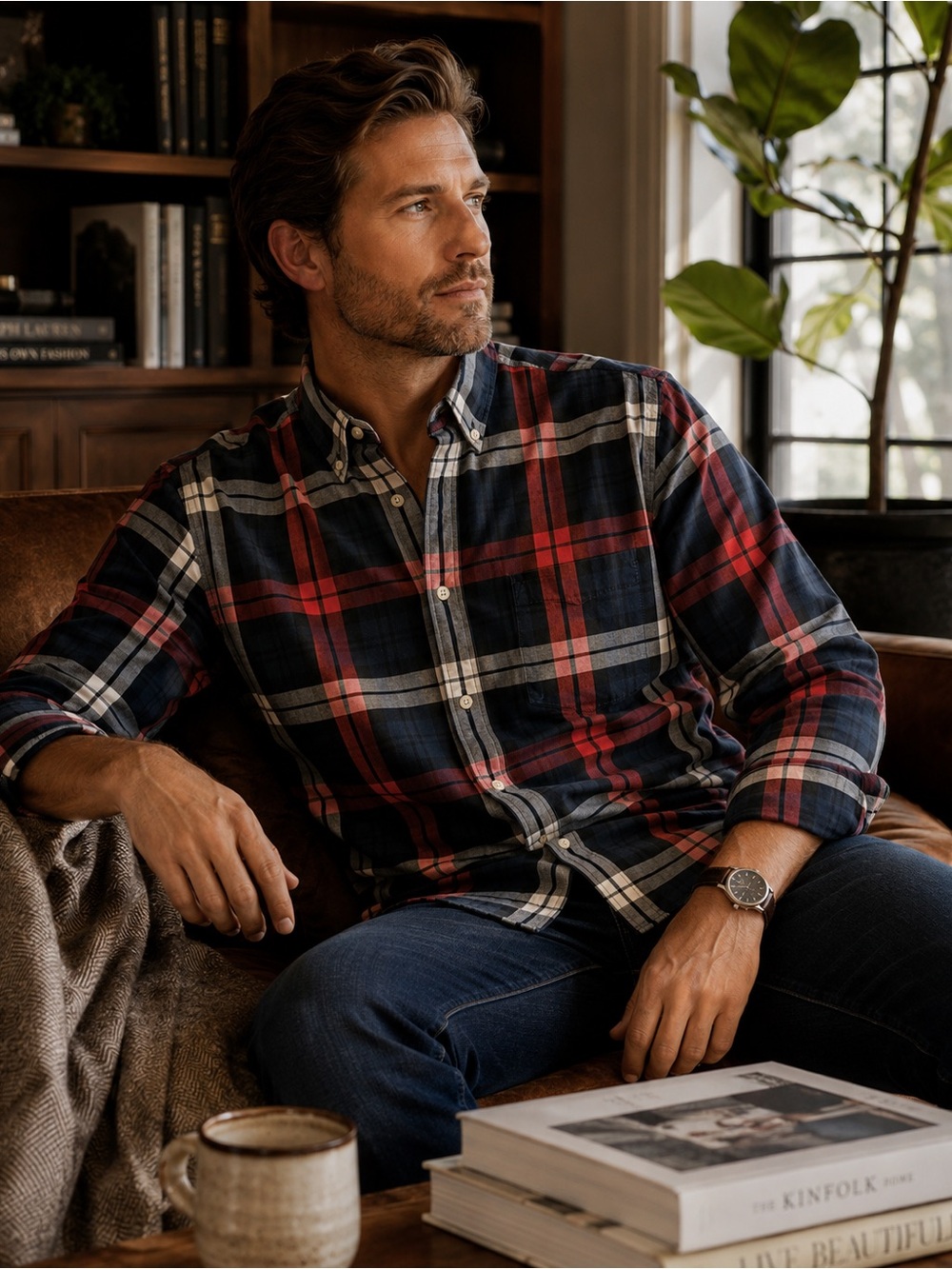 J. Crew Men's Navy and Red Plaid Button-Down Shirt